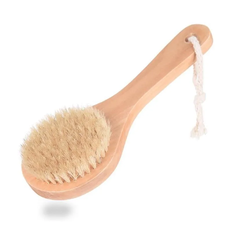 Dry Skin Body Brush with Short Wooden Handle Boar Bristles Shower Scrubber Exfoliating Massager SN4189