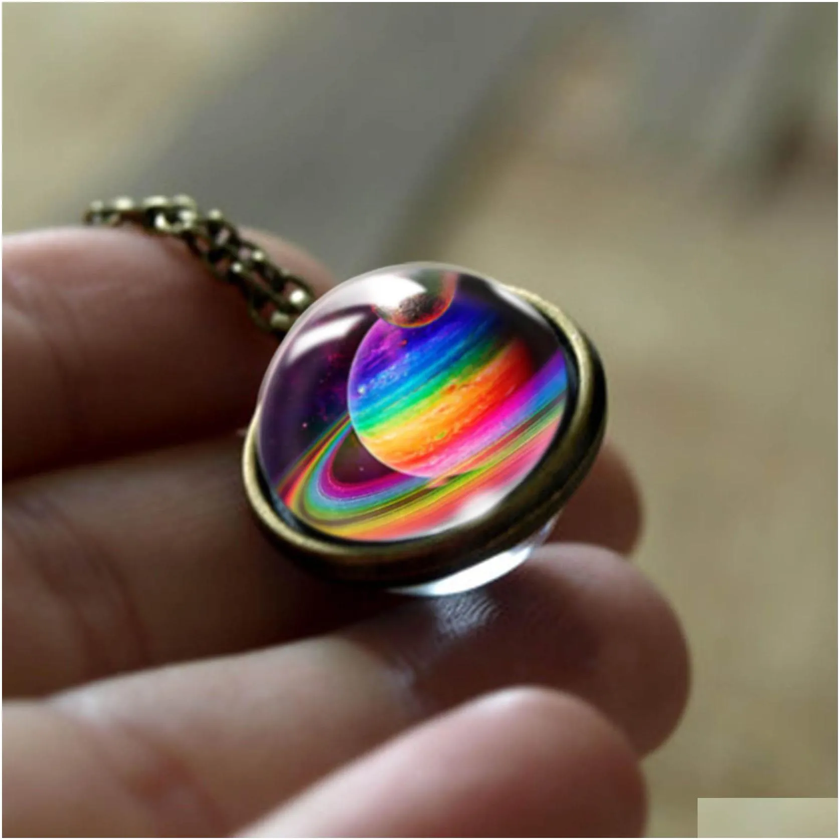 hot sale nebula galaxy necklaces for wome men double sided rotatable galss universe planet art picture pendant chains fashion jewelry