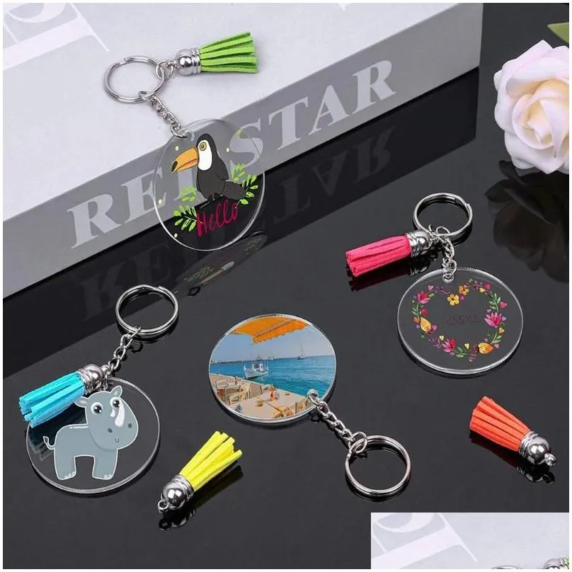 keychains acrylic transparent circle discs key chains clear round keychain blanks and tassel pendant keyring crafts