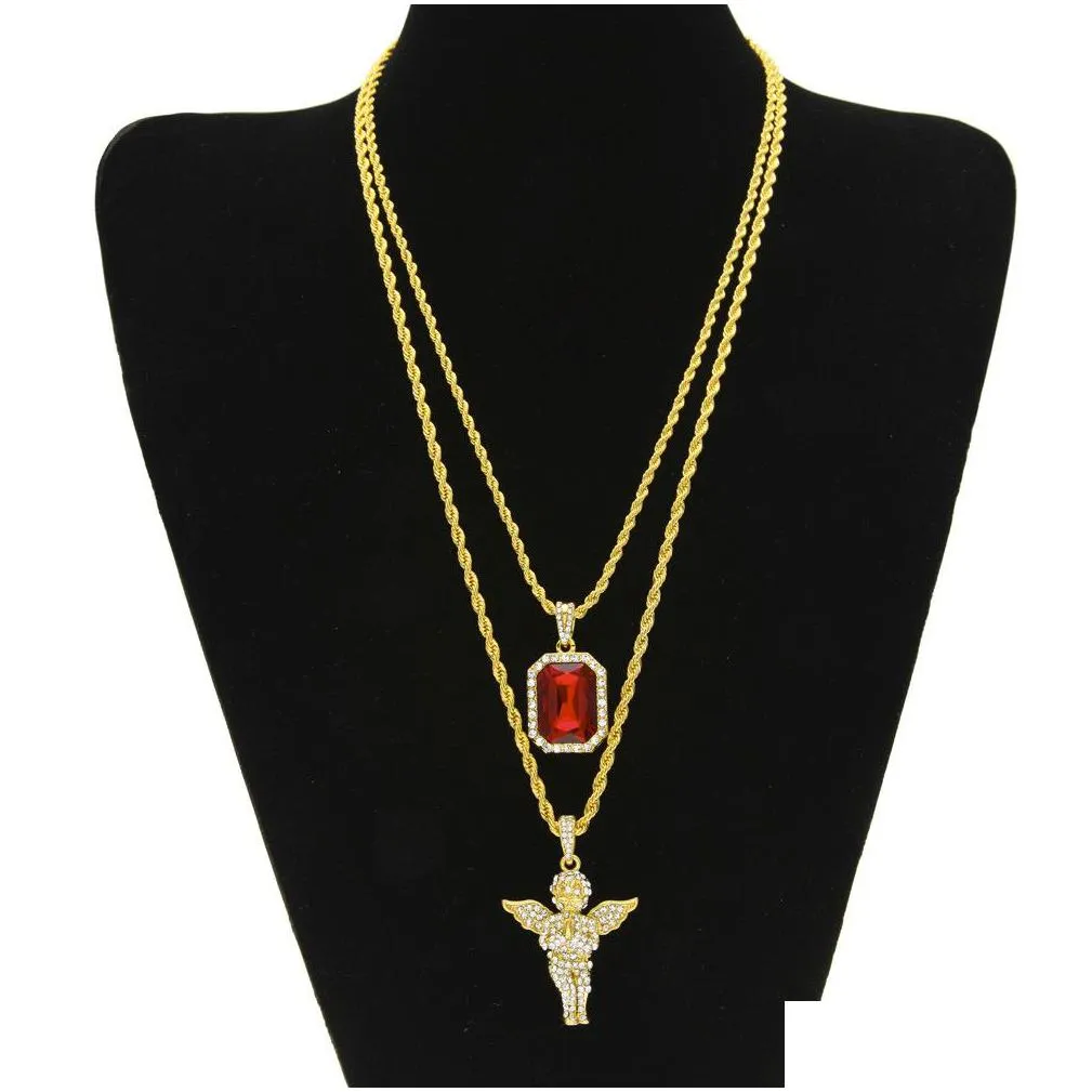 mens hip hop jewelry sets mini square ruby sapphire  diamond angel wings pendant gold chain necklaces for male hiphop