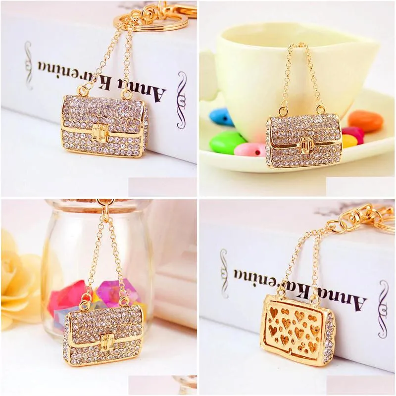 keychains fashion metal small gift creative square lady chain bag shape keychain white rhinestone keyfobkeychains