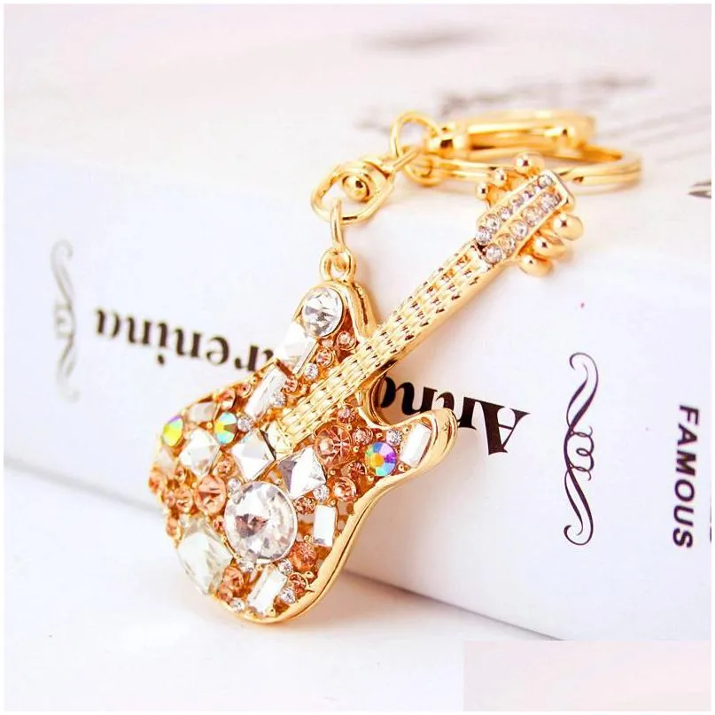 keychains fashion guitar musical instrument key chain girl bag accessories ring colorful crystal metal pendant small giftkeychains