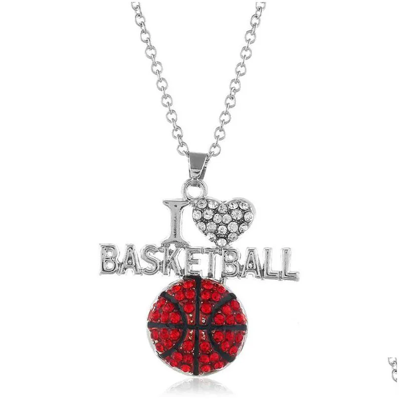fashion football sports necklaces for women crystal i love basketball volleyball letter pendant chains jewelry in bulk