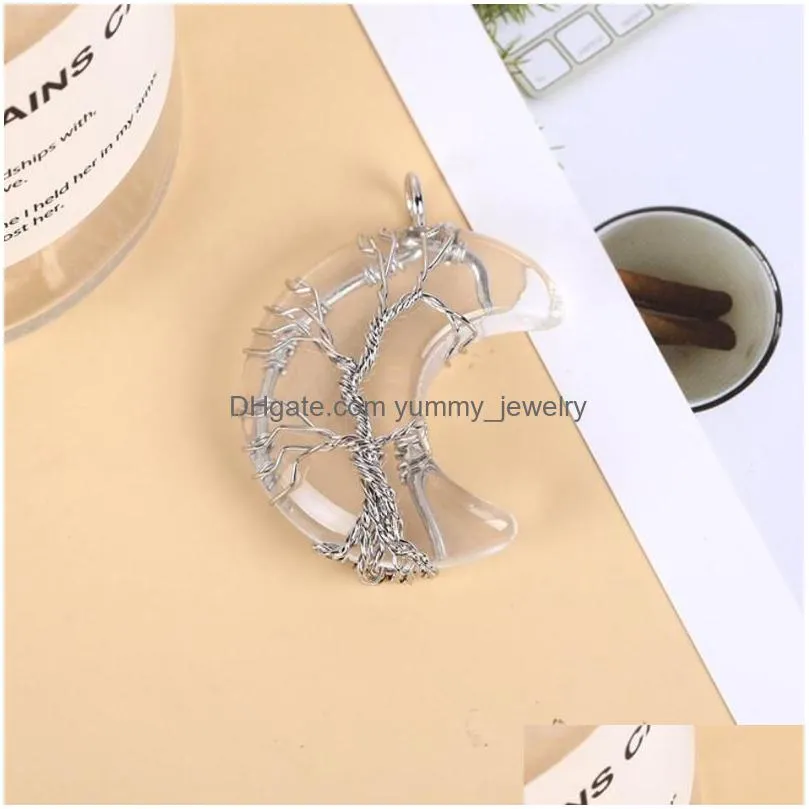 charms 1pc tree of life crescent moon necklace copper wire wrap natural stone pendant crystals and healing stones f1663