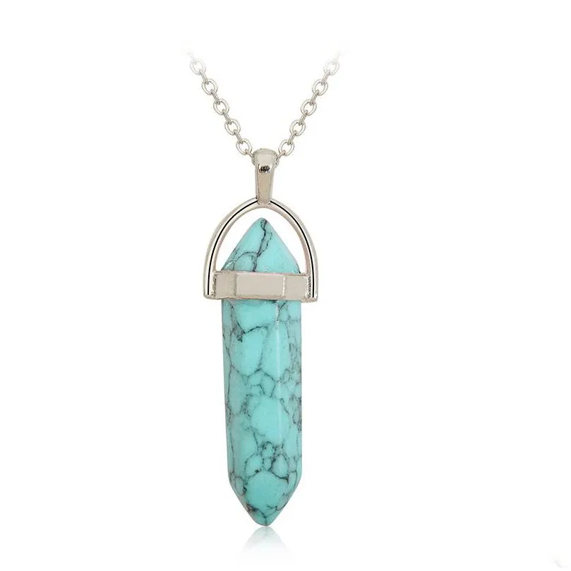 luxury natural stone crystal quartz healing necklaces bullet hexagonal prism point agate turquoise opal jasper pendant for jewelry