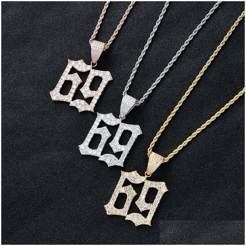hip hop digital 69 necklace for men women iced out bling cz numeral pendant gold silver twisted chain hiphop rapper jewelry gift