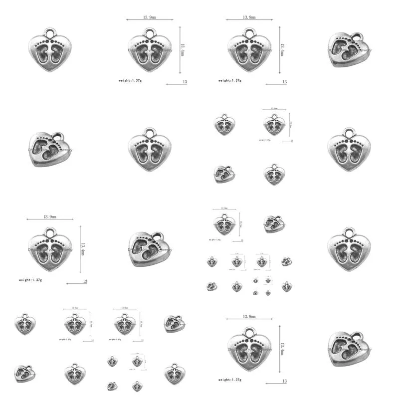 free shipping new fashion easy to diy bulk 20 cute antique silver heart charms with two little footprints jewellery single side jewelry