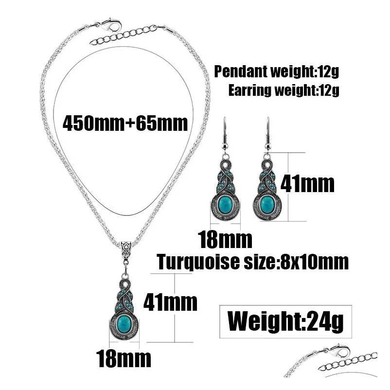 vintage turquoise pendant necklace dangle drop earrings set for women retro natural stone 2019 fashion jewelry in bulk