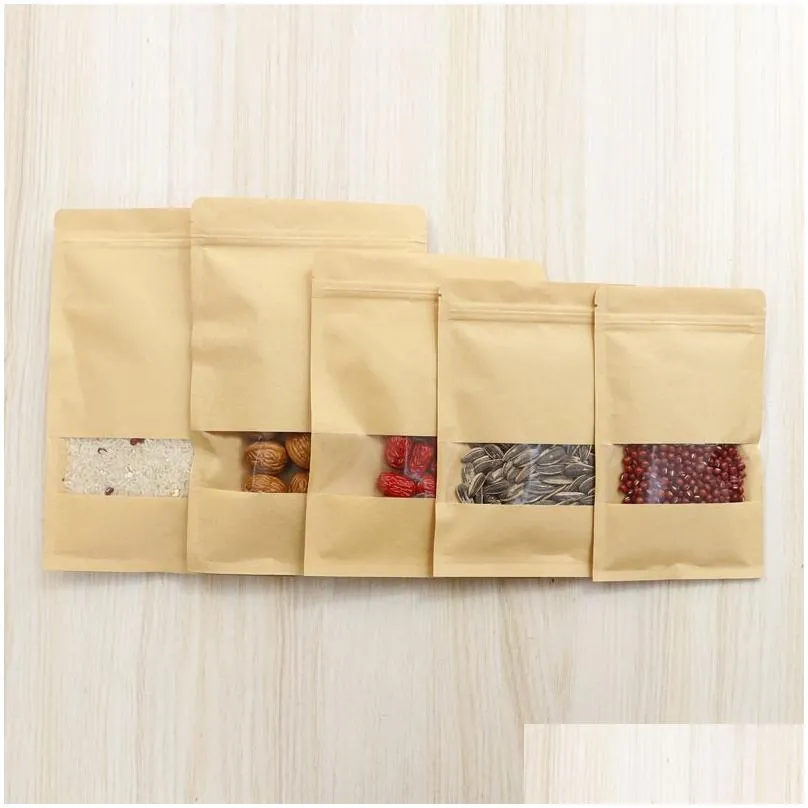 wholesale Kraft Paper Bag with Window Stand Up Pouches Bags for Gift Dried Food Fruit Tea Packaging Pouches Food Storage Bags for Packaging