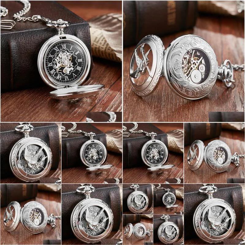 retro vintage hollow the hunger games mockingjay mockingbird quartz pocket watch necklace chain fashion silver relogio de bolso