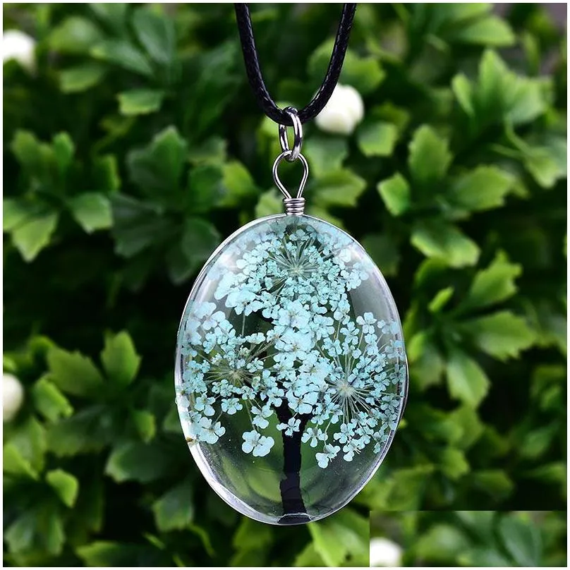 new oval tree of life glass necklaces for women dried flowers specimen pendant leather chain fashion jewelry gift