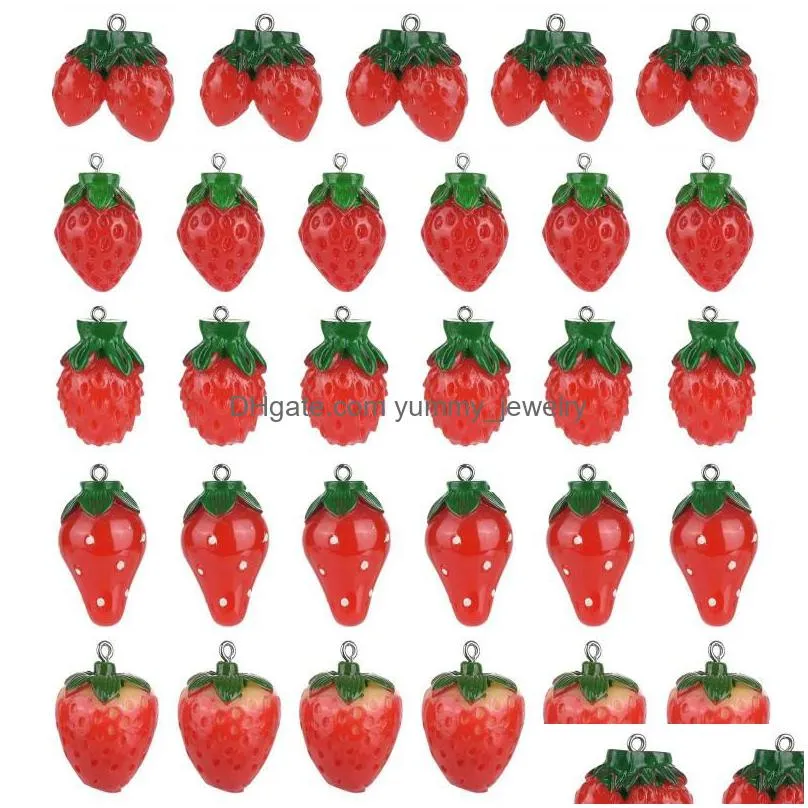 charms 25pcs 5 sizes resin strawberry pendants with platinum tone iron loops imitation food redcharms