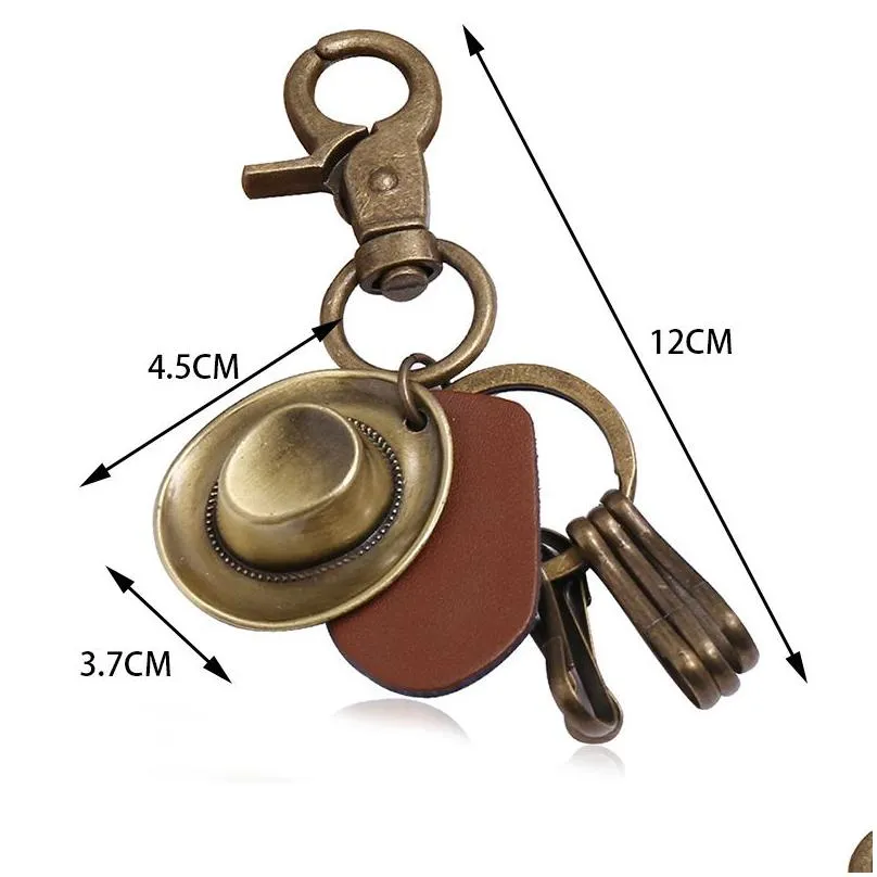 keychains vintage bronze  hat charm multi-hanging ring brown leather pendant keyrings accessories fashion jewelry gifts