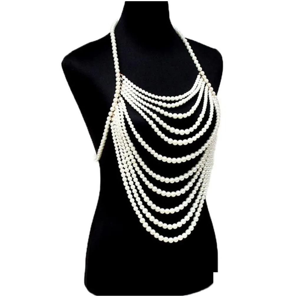 unique multilayer imitation pearl bralette top body chain for women sexy chest necklace chain jewelry lingerie party accessories