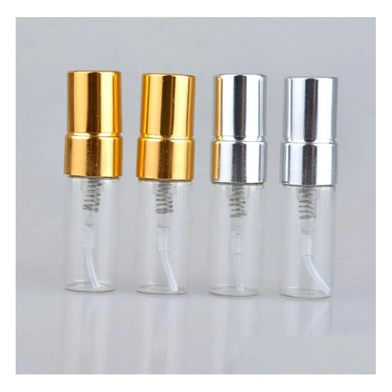 wholesale 3ML Travel Refillable Glass Perfume Bottle With UV Sprayer Cosmetic Pump Spray Atomizer Silver Black Gold Cap SN2512