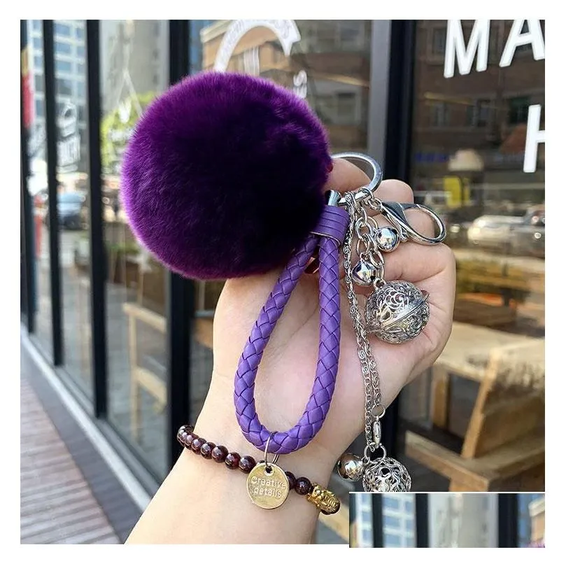 keychains fluffy fur pompom fashion charm cute purse bag pendant car keyring chain ornaments gift leather rope keychain trinkets