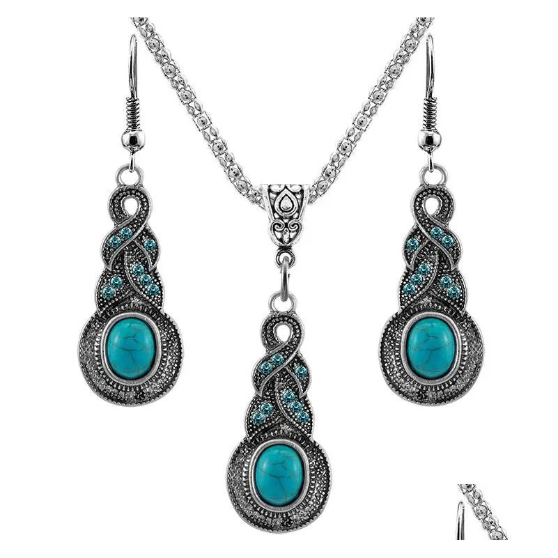 vintage turquoise pendant necklace dangle drop earrings set for women retro natural stone 2019 fashion jewelry in bulk