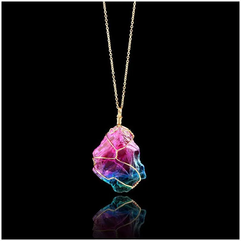 rainbow natural stone pendant necklace for women men healing crystal quartz irregular stone charm gold chains fashion jewelry