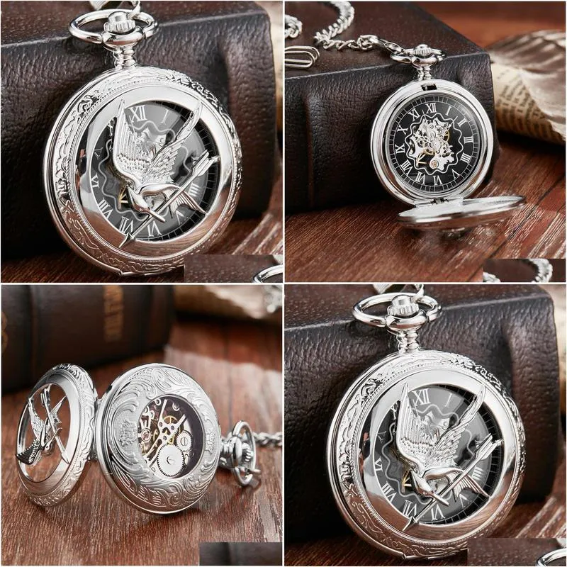 retro vintage hollow the hunger games mockingjay mockingbird quartz pocket watch necklace chain fashion silver relogio de bolso