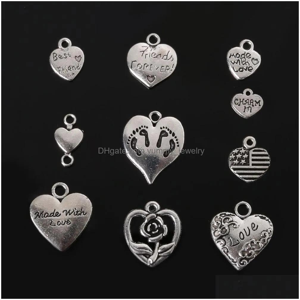 free shipping new 117pcs mixed tibetan silver plated heart love charm pendant statement jewelry making diy handmade jewellery mix lots