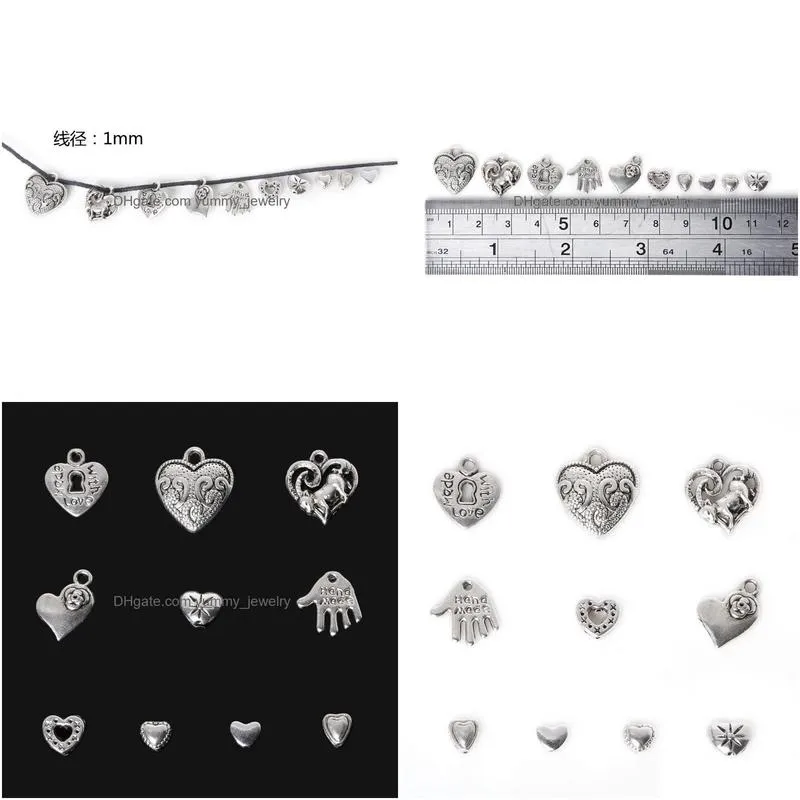 free shipping new 2016 new 155pcs zinc alloy heart pendants charm mixed antique silver plated charms metal jewelry findings for diy