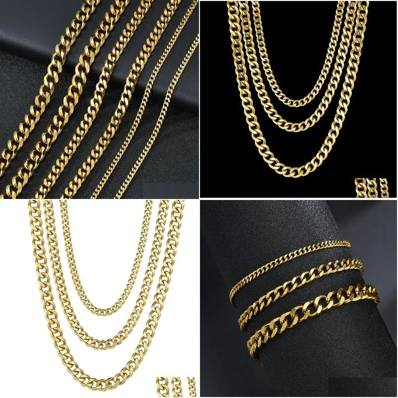 3mm 5mm 7mm stainless steel cuban link chains for women men 18k gold plated titanium steel choker necklace fashion jewelry