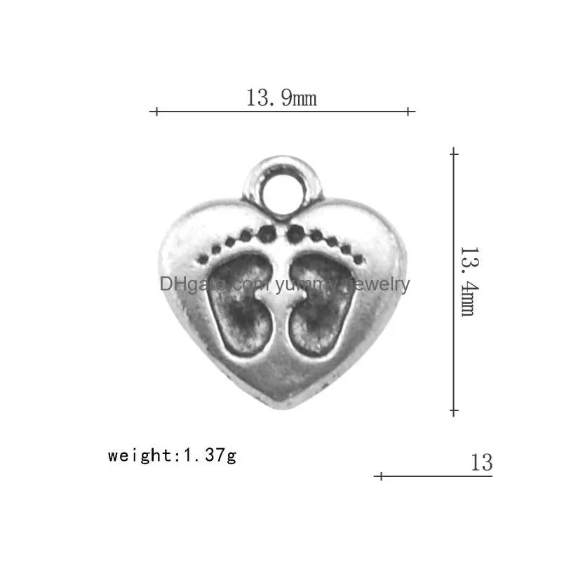 free shipping new fashion easy to diy bulk 20 cute antique silver heart charms with two little footprints jewellery single side jewelry