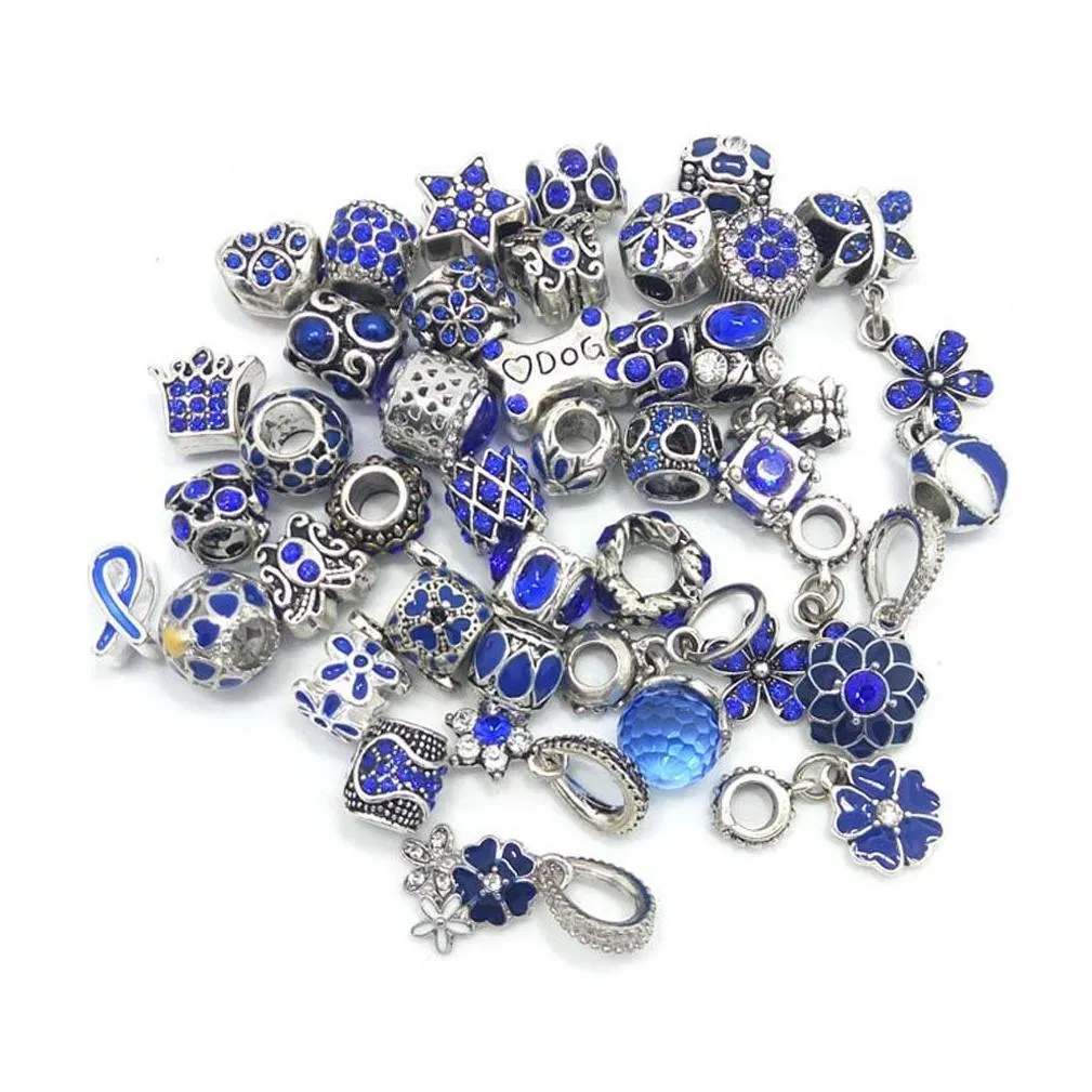 Free Shipping 40pcs Rhinestone Beads Antique silver color Matal Charms Beads fit European Pandora Charms Bracelet DIY 8 Colors on Sale