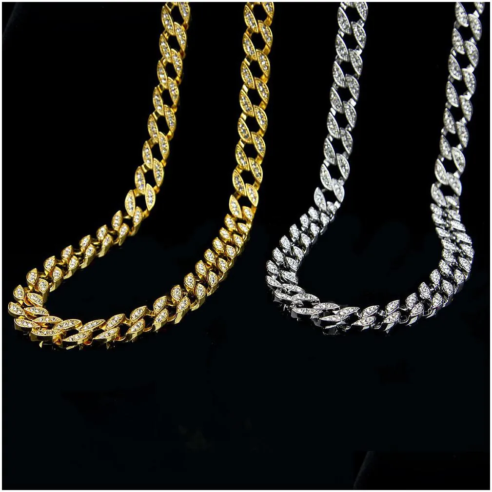 new  cuban link gold plated iced out white diamond chains long necklaces for mens hip hop jewelry hot sell