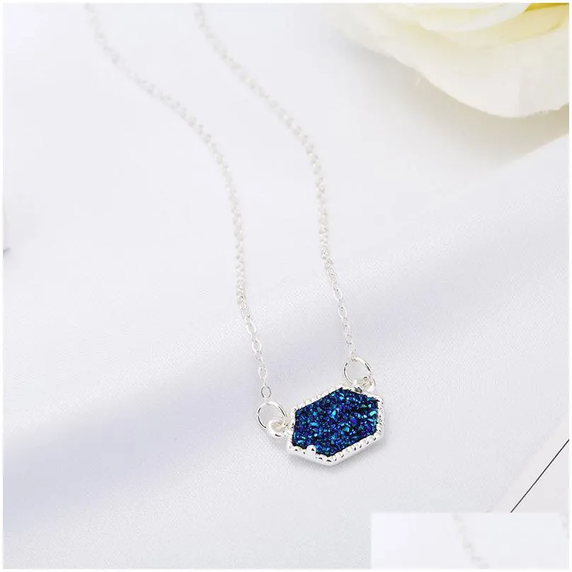 luxury geometric druzy necklaces faux rhombic natural stone drusy pendant gold and silver chains for women`s fashion jewelry