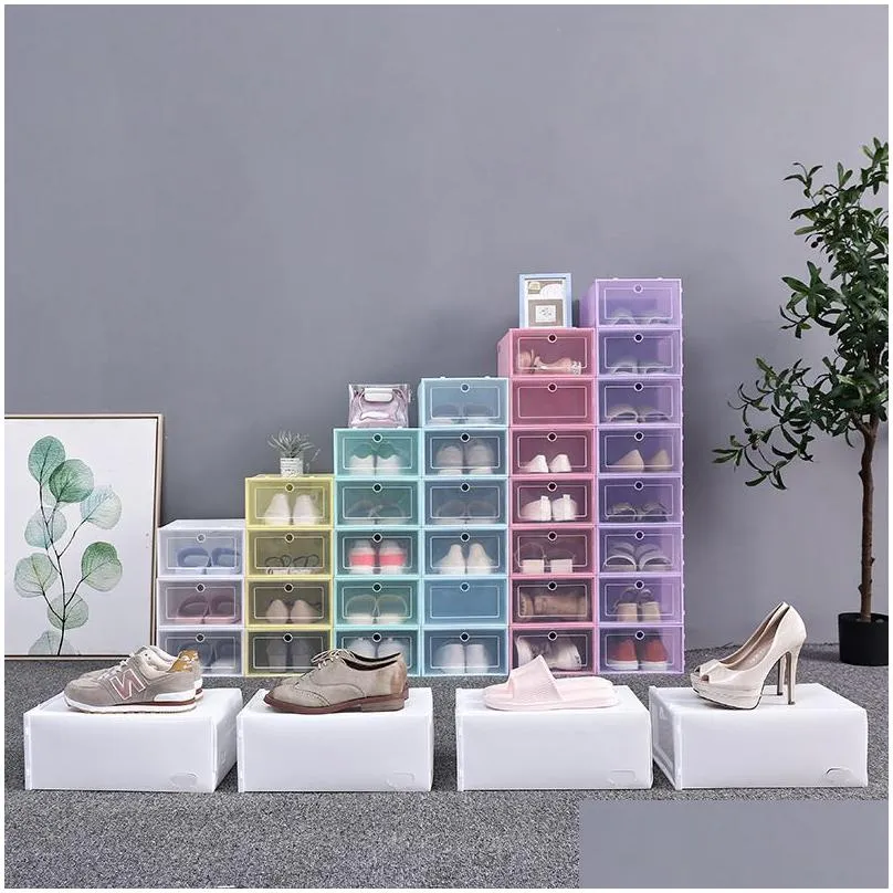 12pcs shoe box set multicolor foldable storage plastic clear home organizer shoe rack stack display storage organizer single box c0116