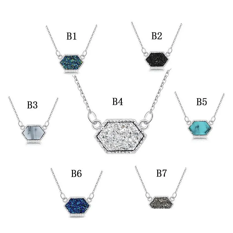 luxury geometric druzy necklaces faux rhombic natural stone drusy pendant gold and silver chains for women`s fashion jewelry