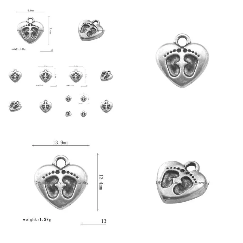 free shipping new fashion easy to diy bulk 20 cute antique silver heart charms with two little footprints jewellery single side jewelry