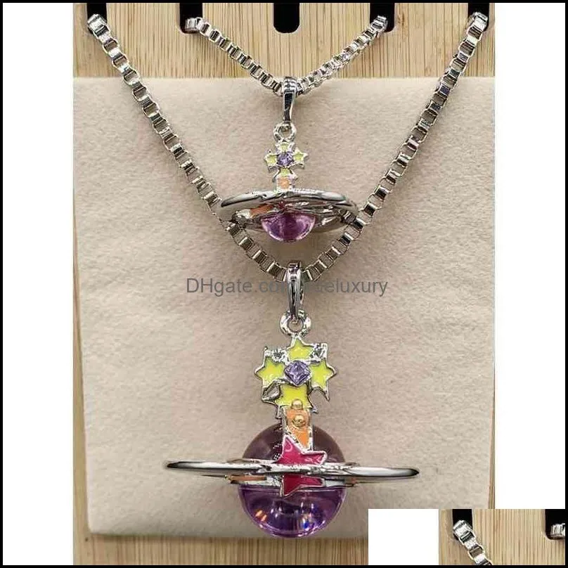 Empress Dowager Vivian silver edge three-dimensional red ring purple bead meteor size Saturn Necklace -- b8176