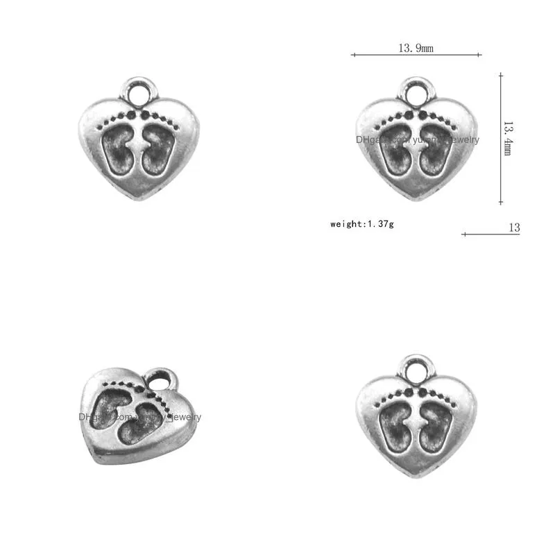 free shipping new fashion easy to diy bulk 20 cute antique silver heart charms with two little footprints jewellery single side jewelry