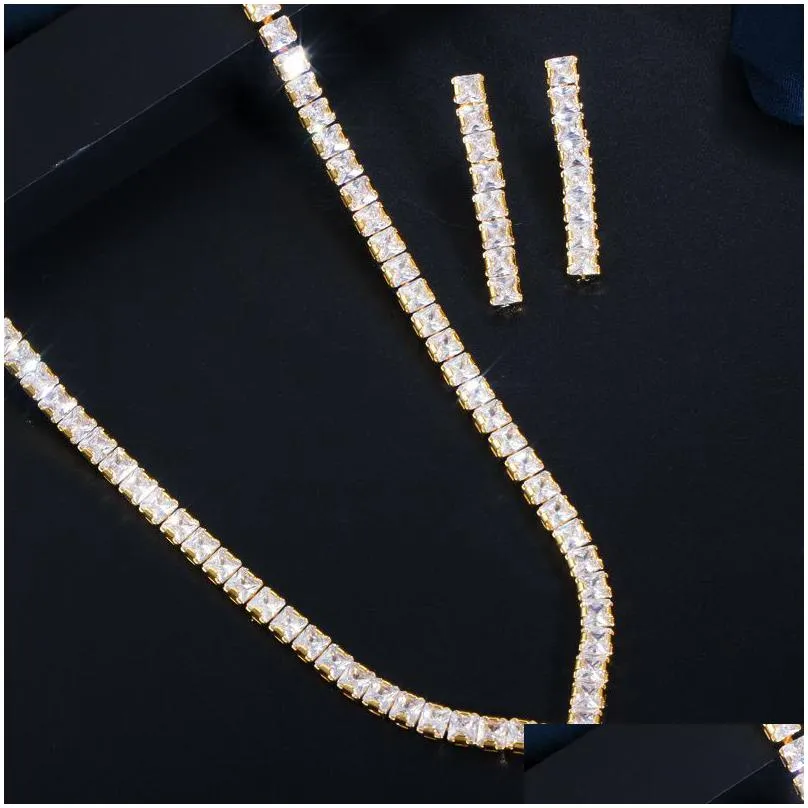 cwwzircons very shiny cubic zirconia pave yellow gold color women party choker necklace and earring brides jewelry set t421 201222
