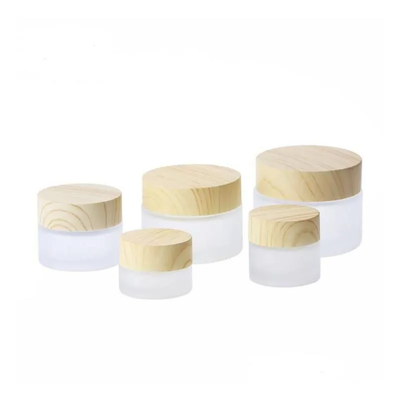 wholesale Frosted Glass Jar Cream Bottles Round Cosmetic Jars Hand Face Cream Bottle with Wood Grain Cap 5g-10g-15g-30g-50g-100g