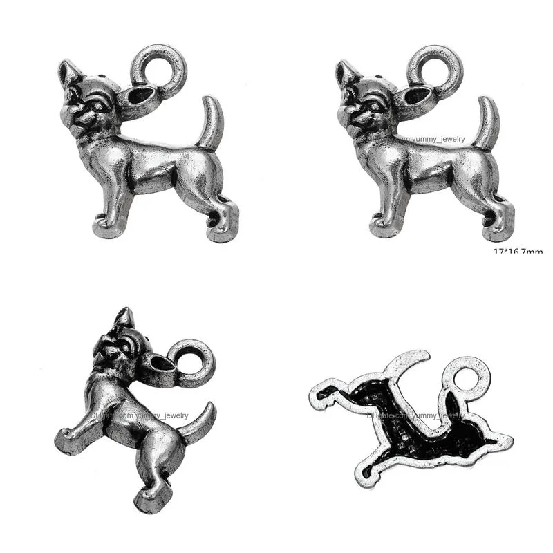 free shipping new fashion easy to diy 30pcs chihuahua dog animal charms metal antique silver filled single side jewelry making fit for