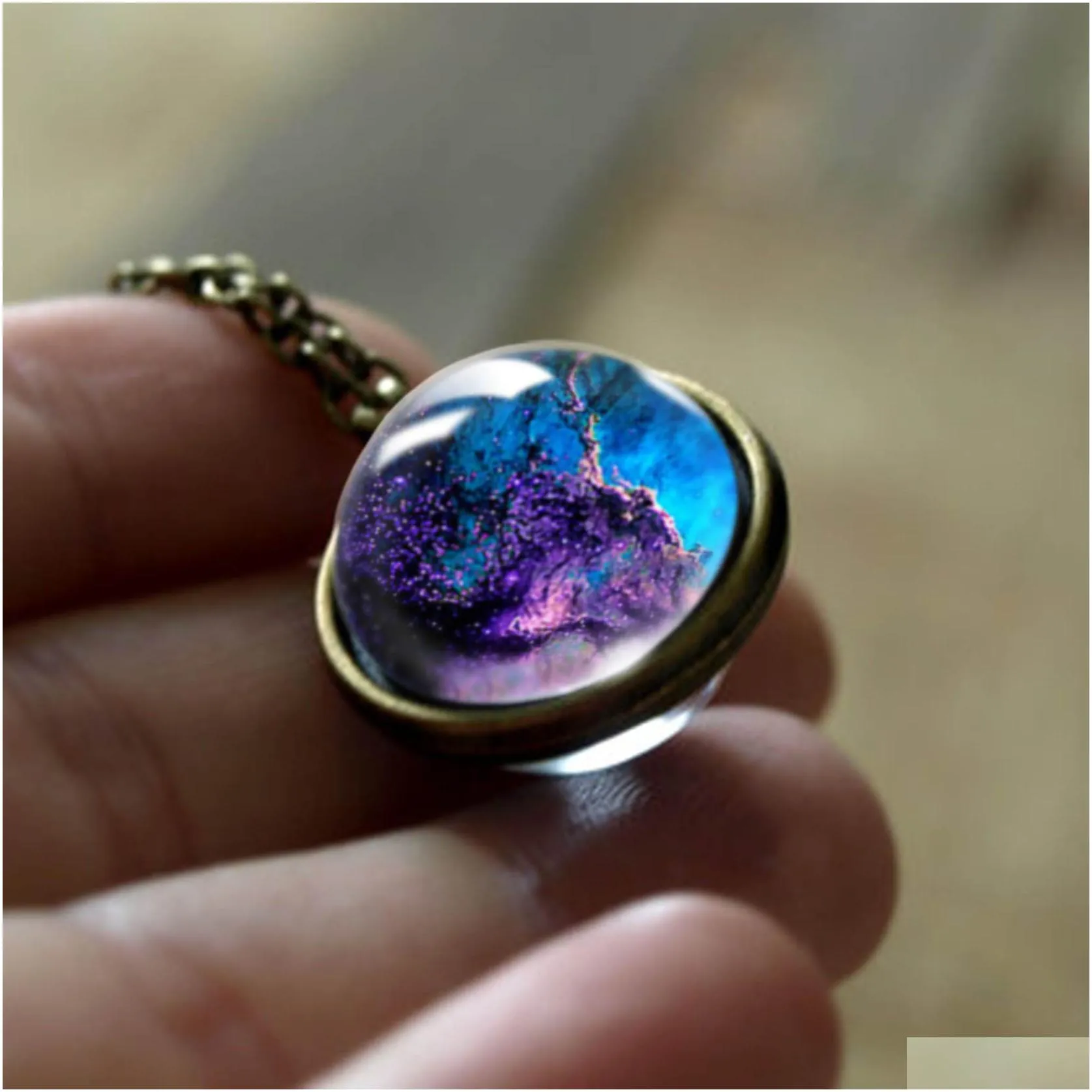 hot sale nebula galaxy necklaces for wome men double sided rotatable galss universe planet art picture pendant chains fashion jewelry