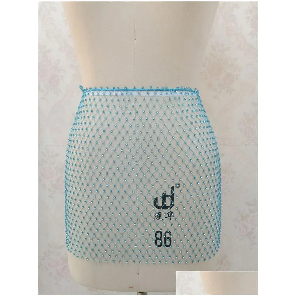 grid mesh hollow out mini skirt for women fishnet skirt sexy beach night club bikini crops cover crystal body chain t200507