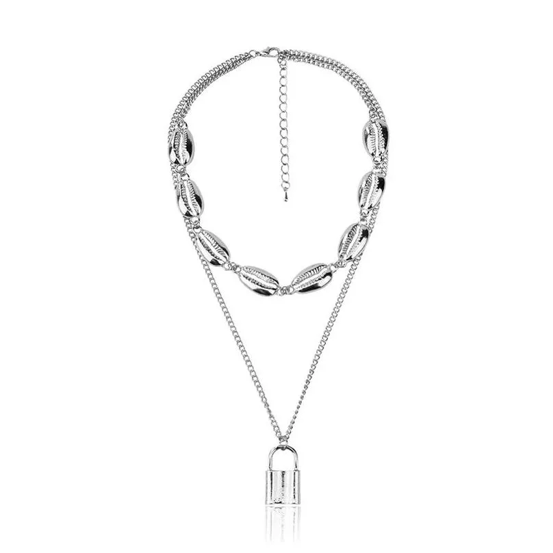 women sea shell choker multi layered necklaces for girls gold silver padlock lock pendant chains fashion bohemian jewelry gift