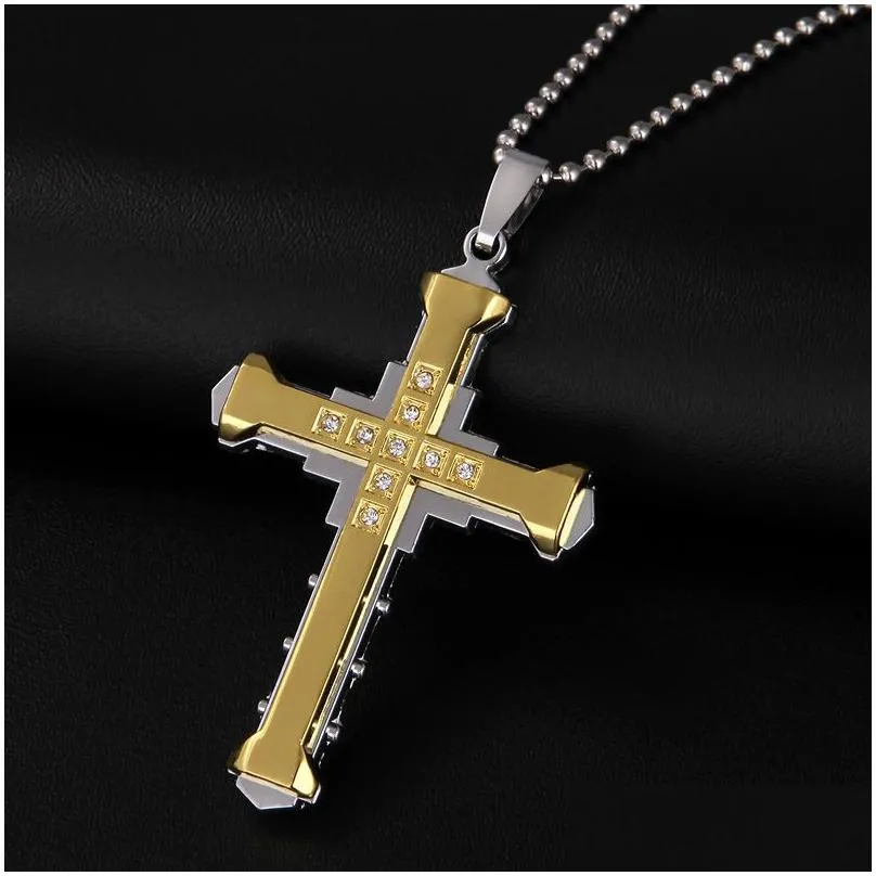 mens crystal cross pendant necklace for women double layer stainless steel crucifix jesus charm chains fashion religion jewelry