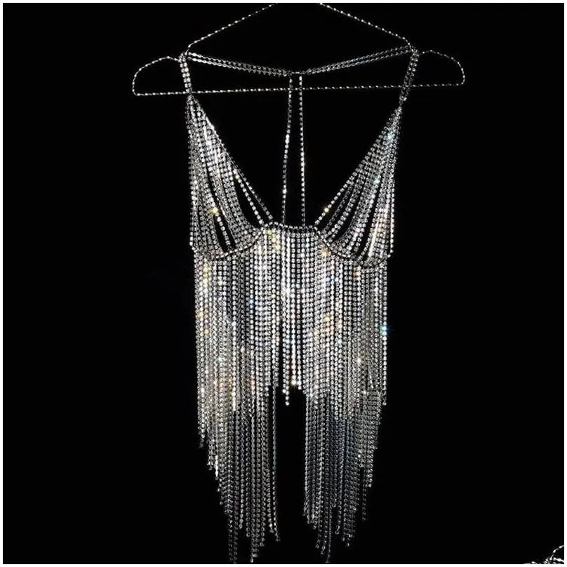 stonefans long tassel bra chain lingerie top for women sexy crystal bra necklace body chest chains bikini jewelry t200508
