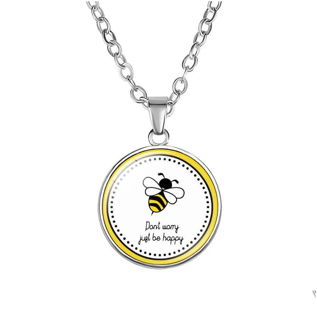 lovely cartoon bee kids necklaces cute animal glass cabochon round pendant silver chains for boys girls children fashion jewelry