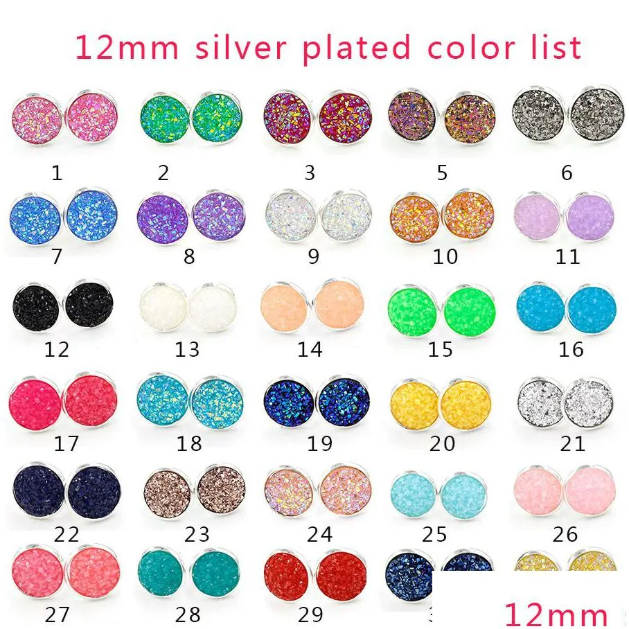 new 12mm round druzy stone stud earrings bling drusy resin silver earrings for women & ladies fashion handmade jewelry in bulk