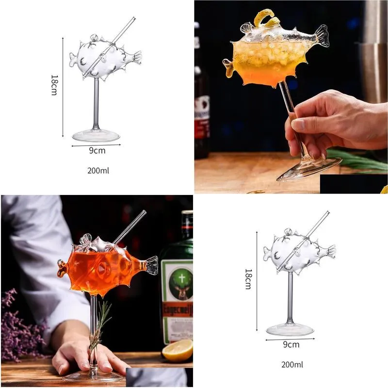 Wine Glasses 200ml Creative Pufferfish Cocktail Glass Transparent Goblet Cup With Straw Molecular Smoke Bar Party Drinkware