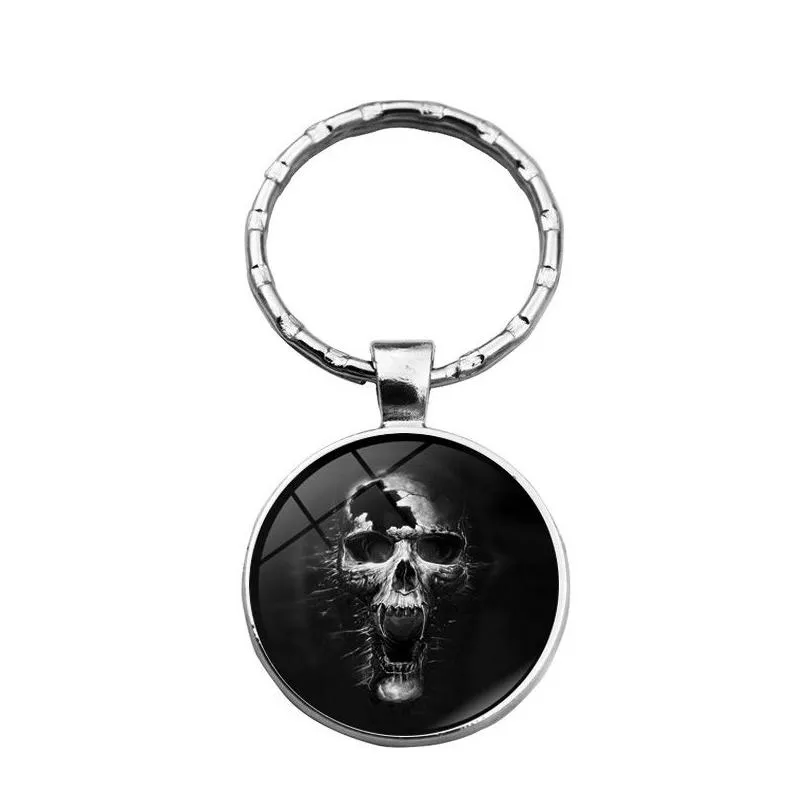 keychains skeleton skull keychain accessories pattern design round glass pendant metal keyring key holder for keys men gift