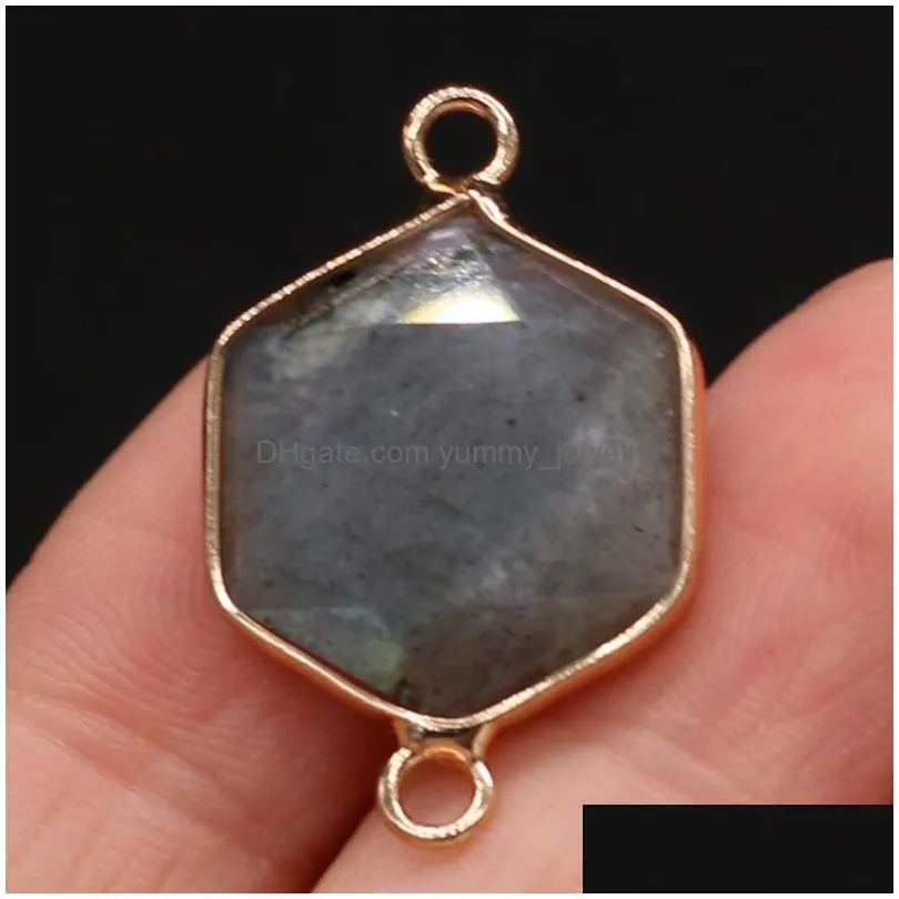 charms natural semi-precious stone hexagon connector pendant yellow agate flash labradorite 16x40mm for jewelry making necklaces gift