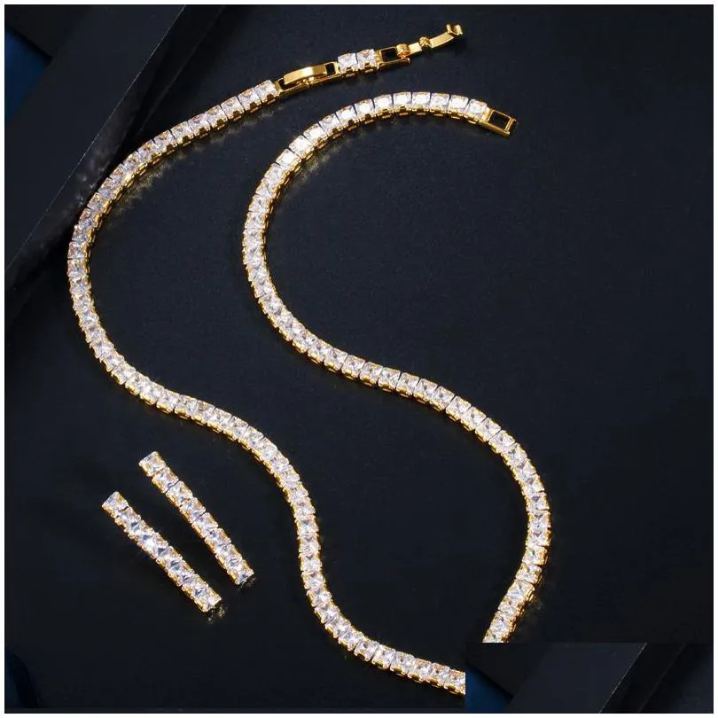 cwwzircons very shiny cubic zirconia pave yellow gold color women party choker necklace and earring brides jewelry set t421 201222