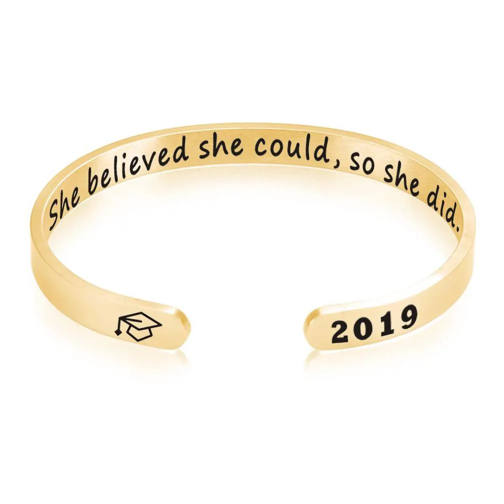 she believed she could so she did cuff bangle for women men stainless steel letter bachelor cap sign open bracelet inspirational